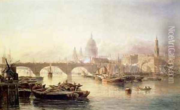 St Pauls Cathedral and London Bridge Oil Painting - Edward Angelo Goodall