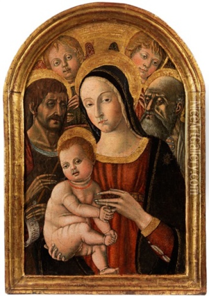 Madonna Mit Dem Kind, Dem Heiligen Johannes Baptist Und Dem Heiligen Josef Sowie Zwei Engeln Oil Painting - Matteo Di Giovanni