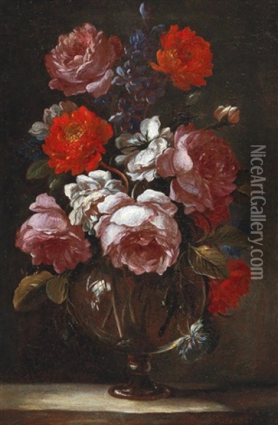 A Still Life Of Flowers In A Glass Vase Oil Painting - Nicolas Baudesson