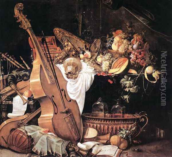 Vanitas Still-Life with Musical Instruments Oil Painting - Cornelis De Heem