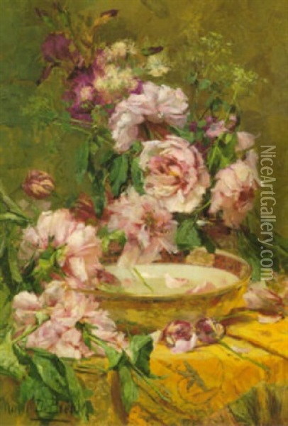 Still Life With Pink Peonies And Iris Oil Painting - Marie De Bievre