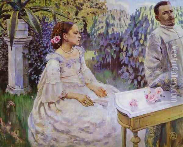 Self Portrait of the Artist with his Sister, Elena Borisova-Musatova, 1898 Oil Painting - Viktor Elpidiforovich Borisov-Musatov