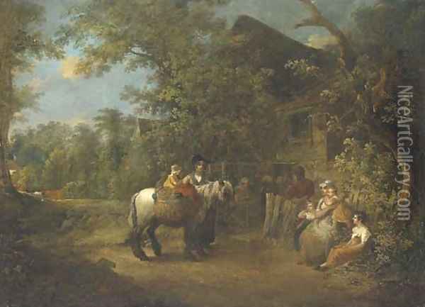 Figures by a cottage in a wooded landscape Oil Painting - George Morland