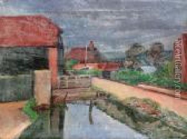 View Of A Farm With Barns By A Pond Oil Painting - Bernard Meninsky