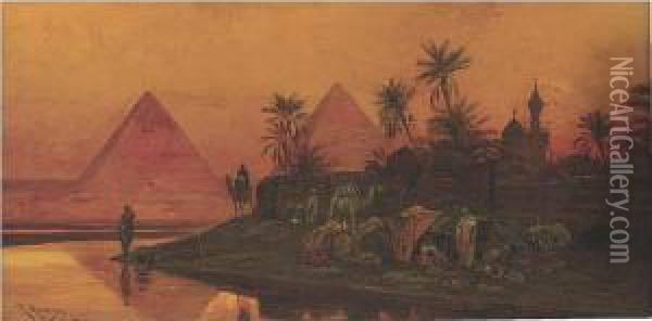Sunset Over The Pyramids Oil Painting - Friedrich Perlberg