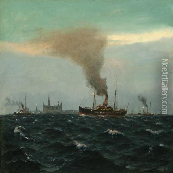 Marine Withships Near Elsinore Oil Painting - Christian Benjamin Olsen