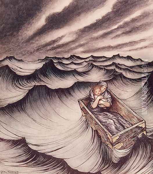 Danae and her son Perseus put in a chest and cast into the sea, 1914 Oil Painting - Arthur Rackham