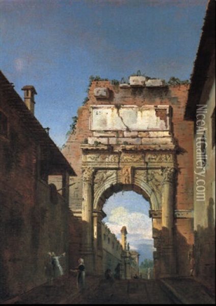 L'arco Di Tito E Gli Orti Farnesiani Oil Painting - Bernardo Bellotto