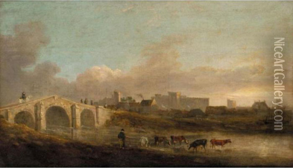 View Of Middleham Castle, Yorkshire With A Drover And Her Cattle In The Foreground Oil Painting - Julius Caesar Ibbetson
