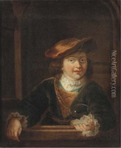A Boy In A Cap Wearing A Gold Chain Holding A Bubble, At A Casement Oil Painting -  Rembrandt van Rijn