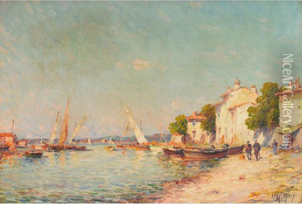 Boats On Mediterranean Shore- Les Martigues?; Fish Market At The Pier Oil Painting - Henri Malfroy