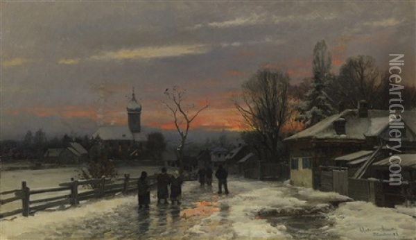 Winterlicher Kirchgang In Der Dammerung Oil Painting - Anders Andersen-Lundby