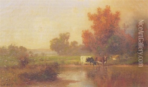 Cows Watering In Autumn Landscape Oil Painting - William M. Hart