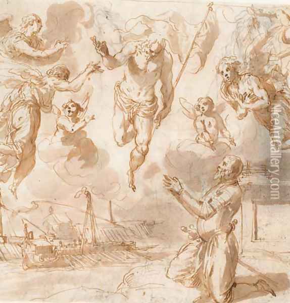 Le Christ en gloire benit un homme à genoux, une galere à l'arriere-plan Oil Painting - Palma Vecchio (Jacopo Negretti)