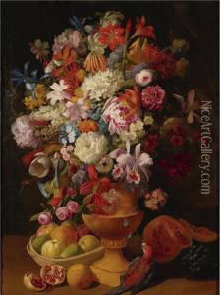Still Life With Flowers, Fruit And Parrot Oil Painting - Leopold Stoll
