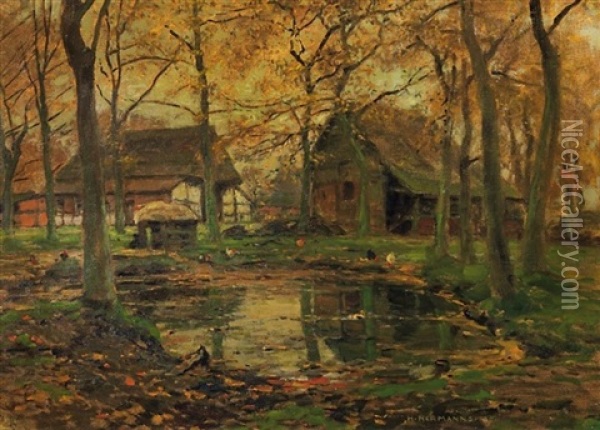 Stiller Herbsttag. Federvieh An Kleinem Teich Vor Fachwerkkaten Oil Painting - Heinrich Hermanns