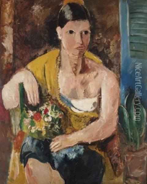 Portrait De Madamme Dufresne, A L'echarpe Jaune Oil Painting - Charles Dufresne