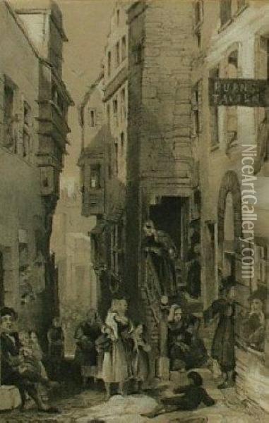 Burns Tavern Street Scene With Figures Oil Painting - James Duffield Harding