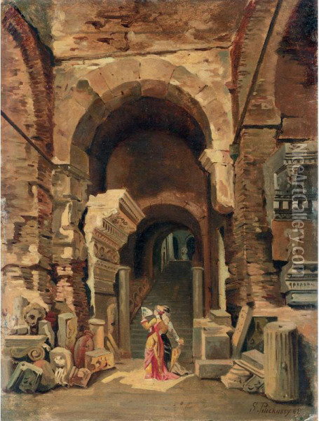 Elegant Women Among Ruins Oil Painting - Spiridon Pelecassis