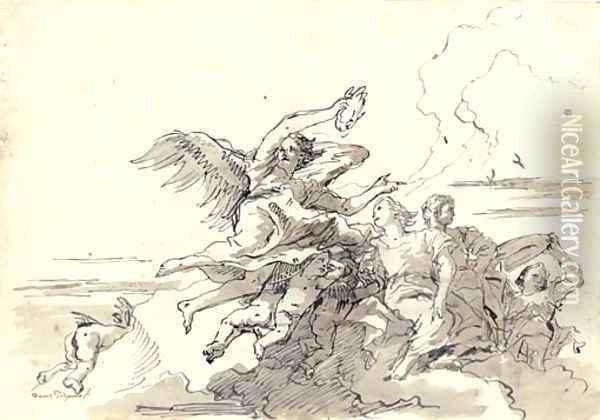 An angel with a victor's crown in the clouds, putti, a young couple and another figure offering a dish Oil Painting - Giovanni Domenico Tiepolo