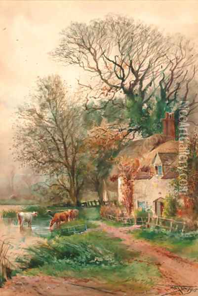 Old cottages at Burpham, Sussex Oil Painting - Henry Charles Fox