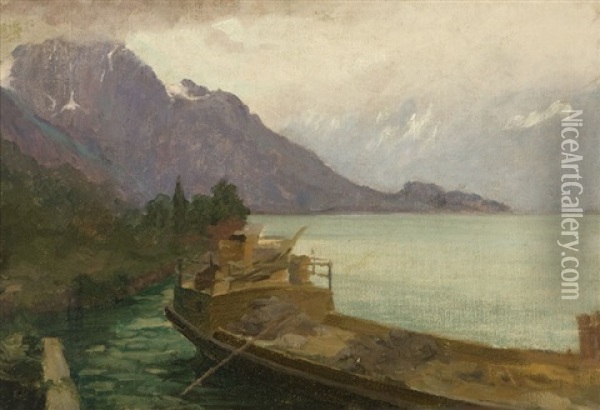 Boat On Lake Lausanne, Switzerland Oil Painting - Jean Mannheim