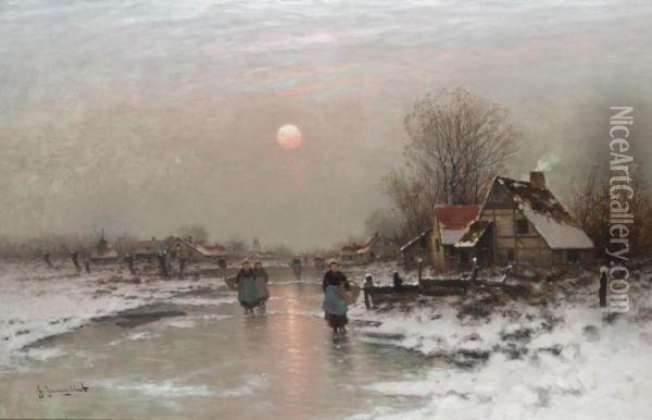 Dutch Peasants On A Frozen Waterway At Sundown Oil Painting - Johann Jungblutt