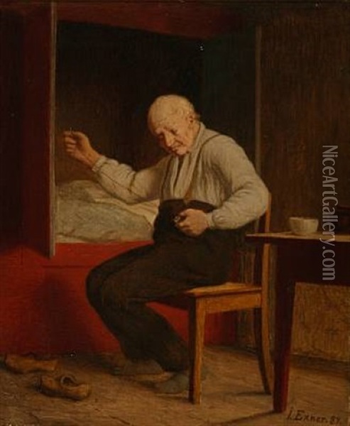 A Man Is Sewing On A Button Oil Painting - Johann Julius Exner