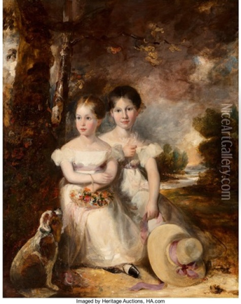 A Portrait Of Two Sisters Seated In A Landscape With Their Pet Dog Oil Painting - Thomas Lawrence