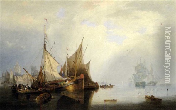 Ships At Anchor, A Town Beyond Oil Painting - John Wilson Carmichael