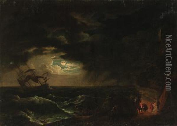 A Stormy Moonlit Seascape With Fishermen Before A Campfire Oil Painting - Claude-joseph Vernet
