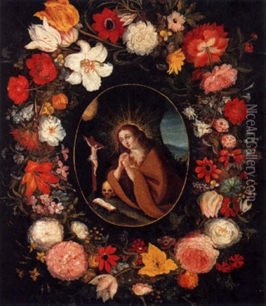 Saint Marie-madeleine Entouree D'une Guirlande De Fleurs Oil Painting - Ambrosius Brueghel