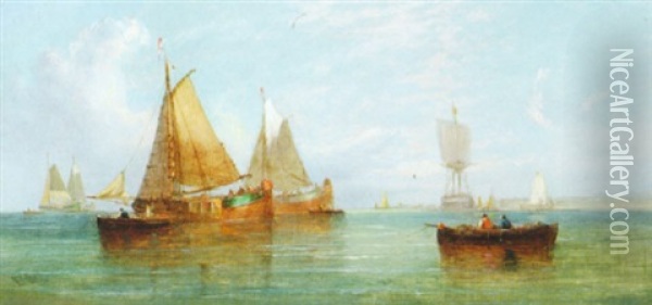 Dutch Barges Preparing To Sail Oil Painting - William Callcott Knell