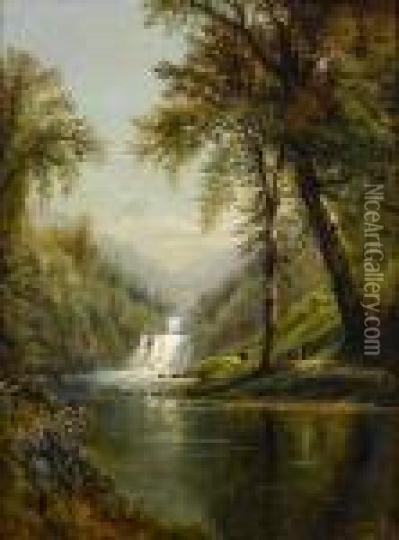Waterfalls In A Landscape Oil Painting - Edmund Darch Lewis