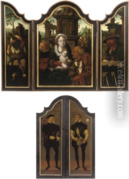 The Adoration Of The Magi (triptych) Oil Painting - Pieter Coecke van Aelst the Elder