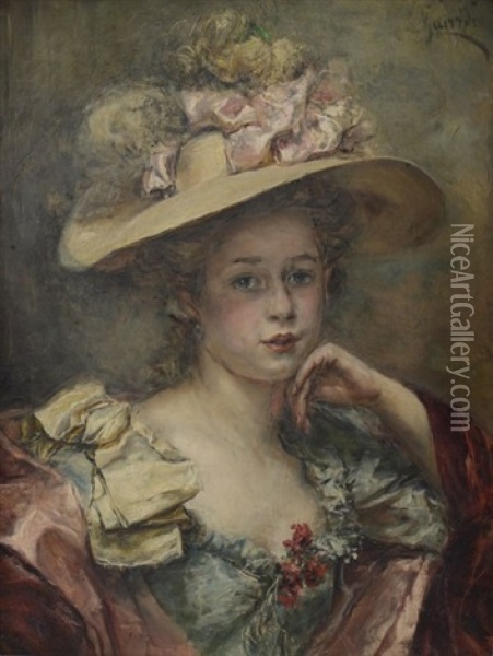 Jeune Femme Au Chapeau Fleuri Oil Painting - Eduardo Leon Garrido