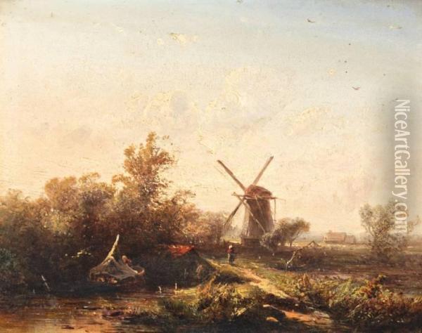 Zomerlandschap Met Wandelaar Bij Een Molen Oil Painting - Pieter Lodewijk Francisco Kluyver
