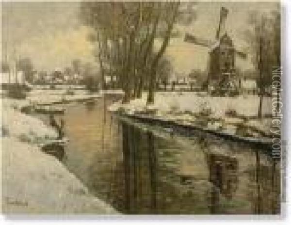 Winter Landscape With Windmill And Village. Canvas. Signed Fr Van Genesen. Oil Painting - Franz Van Genesen