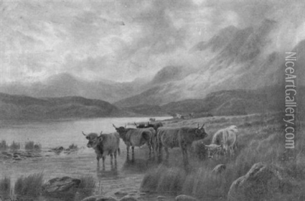Cattle Watering In Mountain Lake Oil Painting - William Perring Hollyer