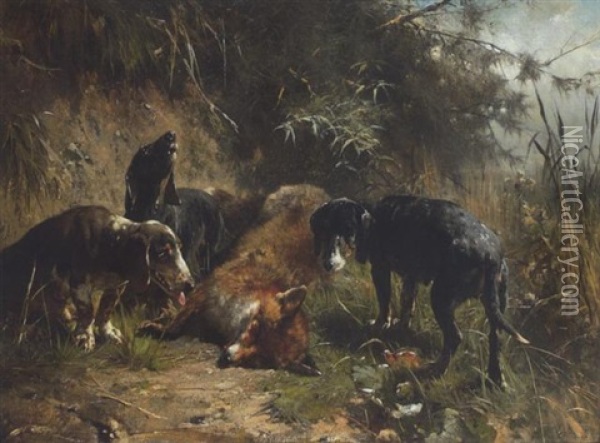Drei Jagdhunde Bei Einem Erlegten Fuchs Oil Painting - Otto Friedrich Gebler