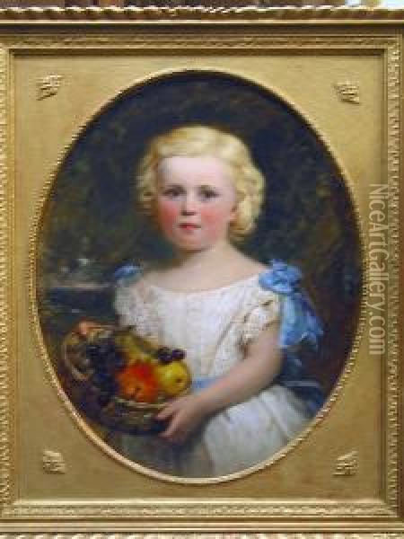 A Portrait Of A Young Girl With A Basket Of Fruit Oil Painting - Henry Turner Munns