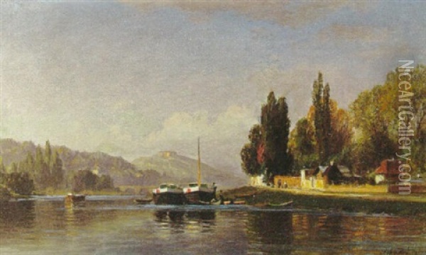 Boats On The River Oil Painting - John Ross Key