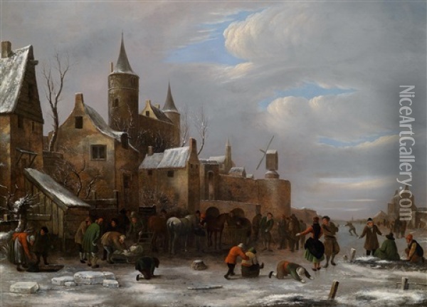 Eine Frohliche Gesellschaft Auf Einem Zugefrorenen Fluss Vor Einer Stadt Oil Painting - Nicolaes Molenaer