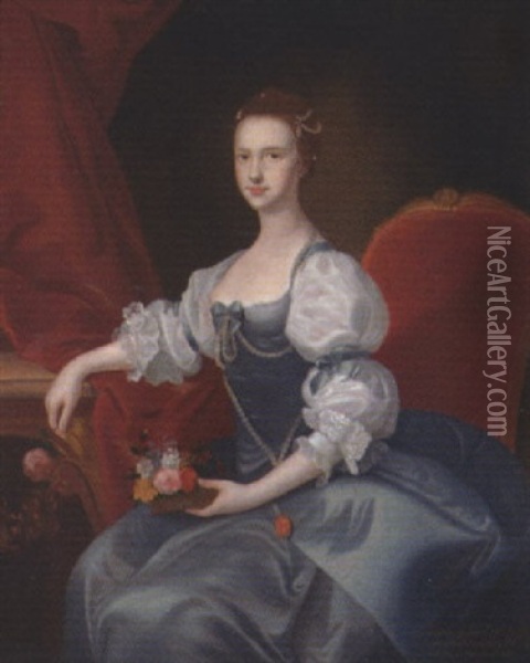 Portrait Of Catherine Stanhope, Wife Of Edwyn Francis Stanhope Of Stanwell In A Blue Dress With White Sleeves, Holding A Basket Of Flowers In Her Left Hand Oil Painting - Thomas Hudson