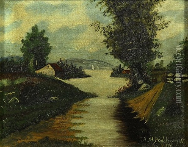 Quaint Cottage Along A River Oil Painting - Alexis Matthew Podchernikoff