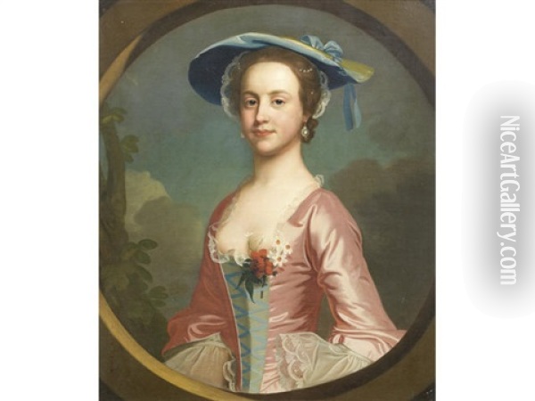 Portrait Of Kitty Warner, Half-length, In A Pink Silk Dress And Blue Hat, Standing Before A Landscape, Within A Painted Oval Oil Painting - Francis Milner Newton