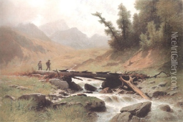 Bergbach Mit Zwei Wanderern Oil Painting - Gustave Eugene Castan