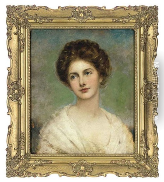 Portrait Of A Lady In A White Dress Oil Painting - John Hanson Walker