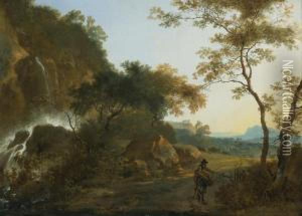 An Italianate Landscape With A Traveller On A Path By A Waterfall Oil Painting - Adam Pynacker