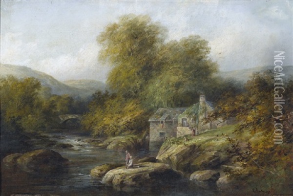 Idyllische Flusslandschaft Mit Bauernhaus Und Staffage Oil Painting - Edward Partridge